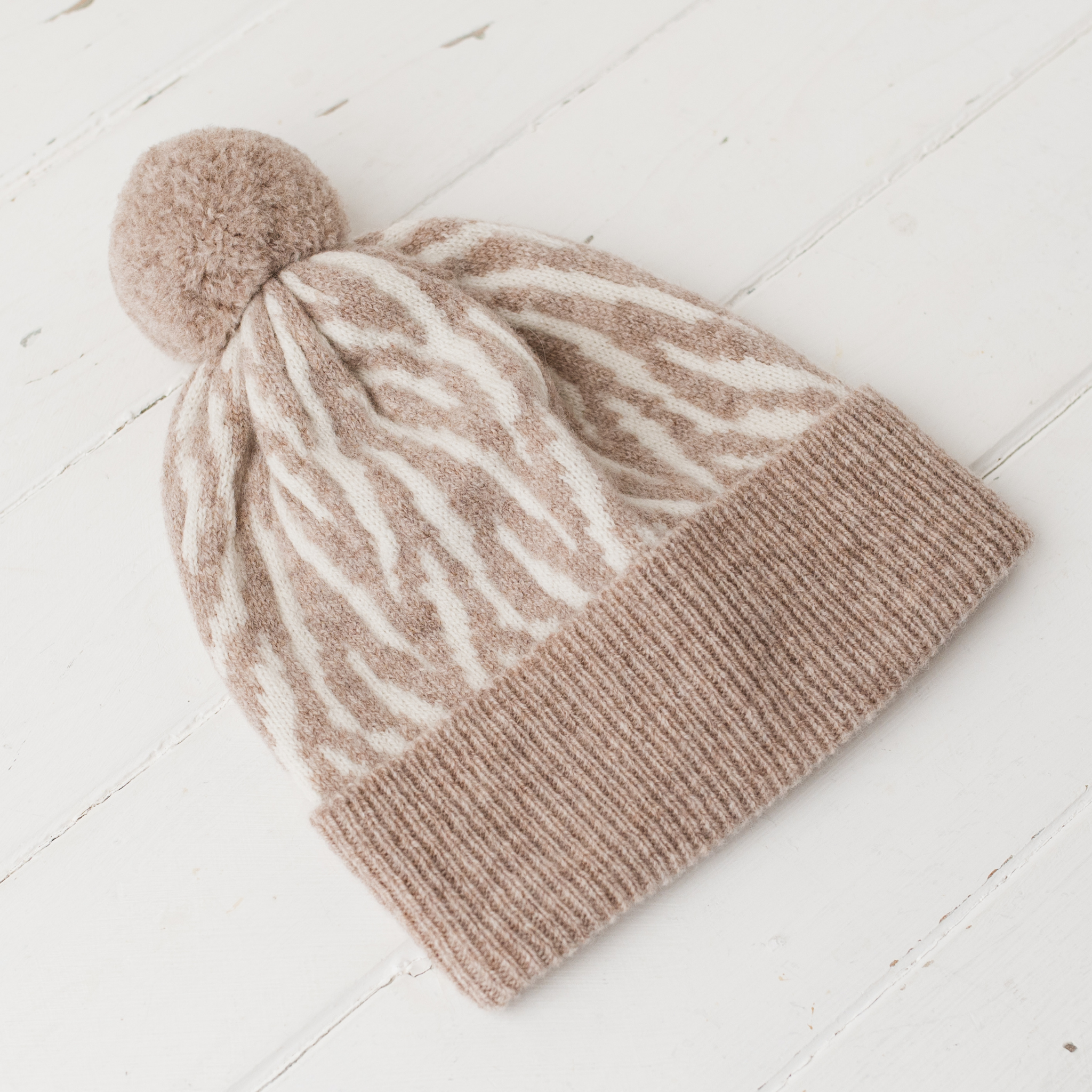 Zebra pom pom hat - cobble and white