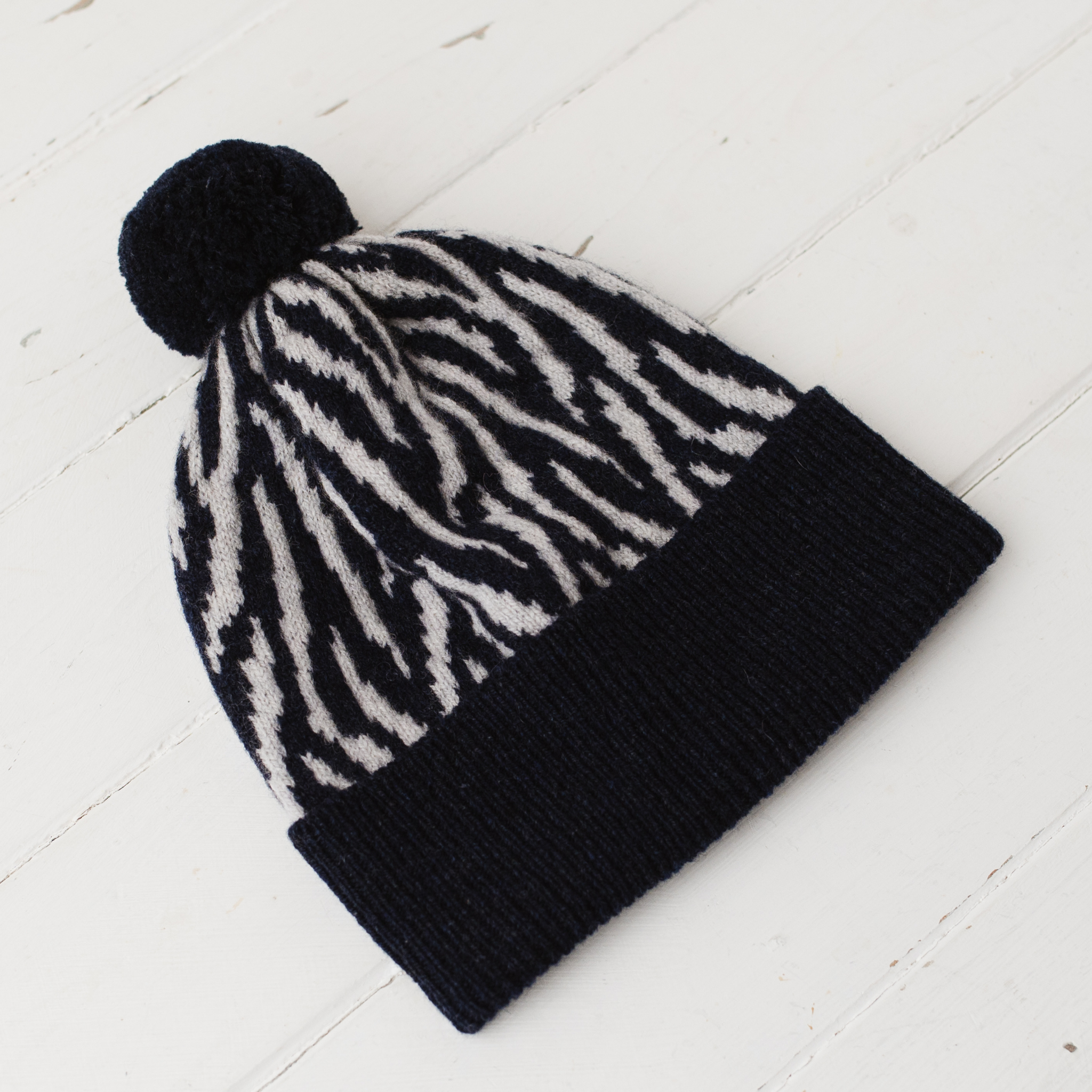Zebra pom pom hat - navy and zinc