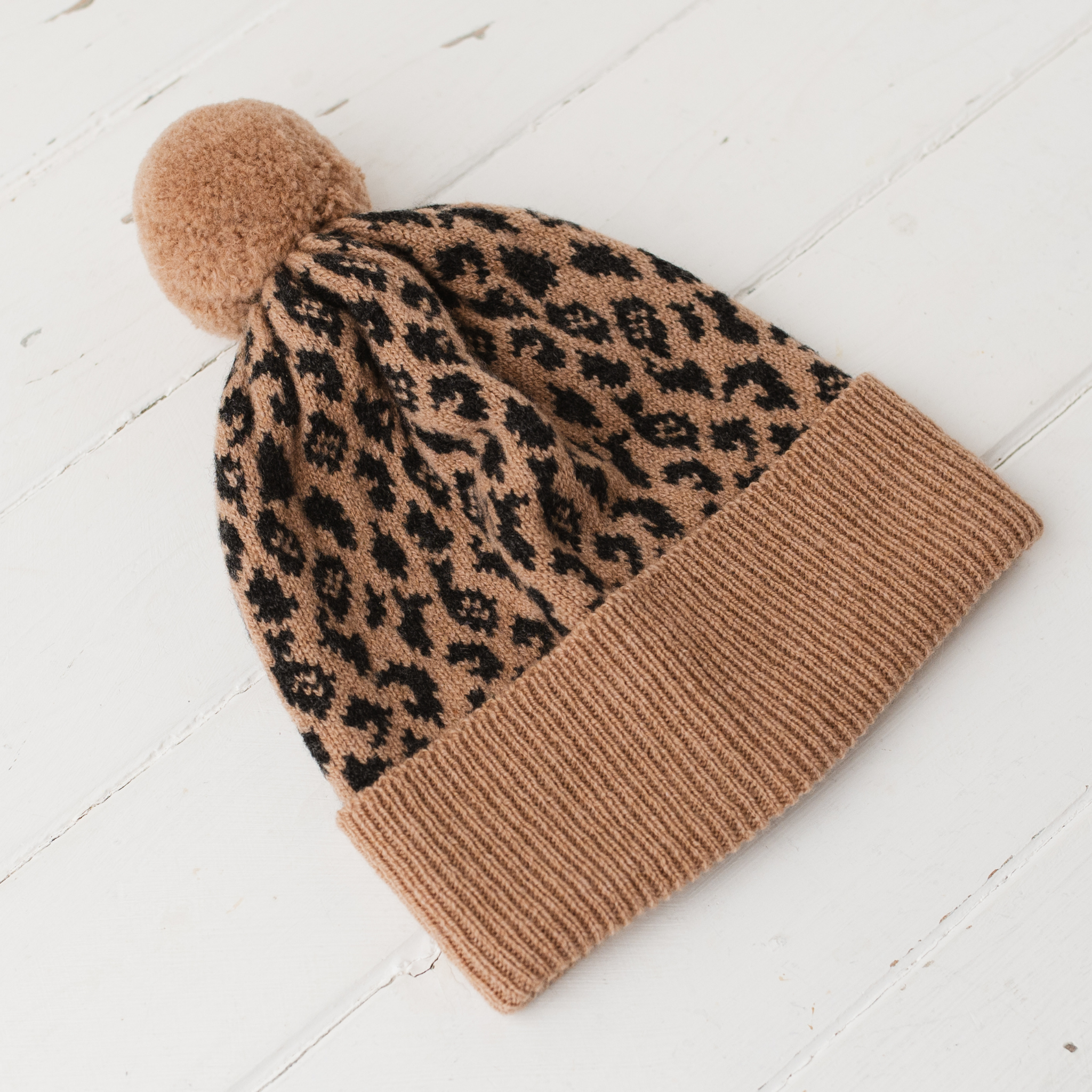 Leopard pom pom hat - camel and charcoal