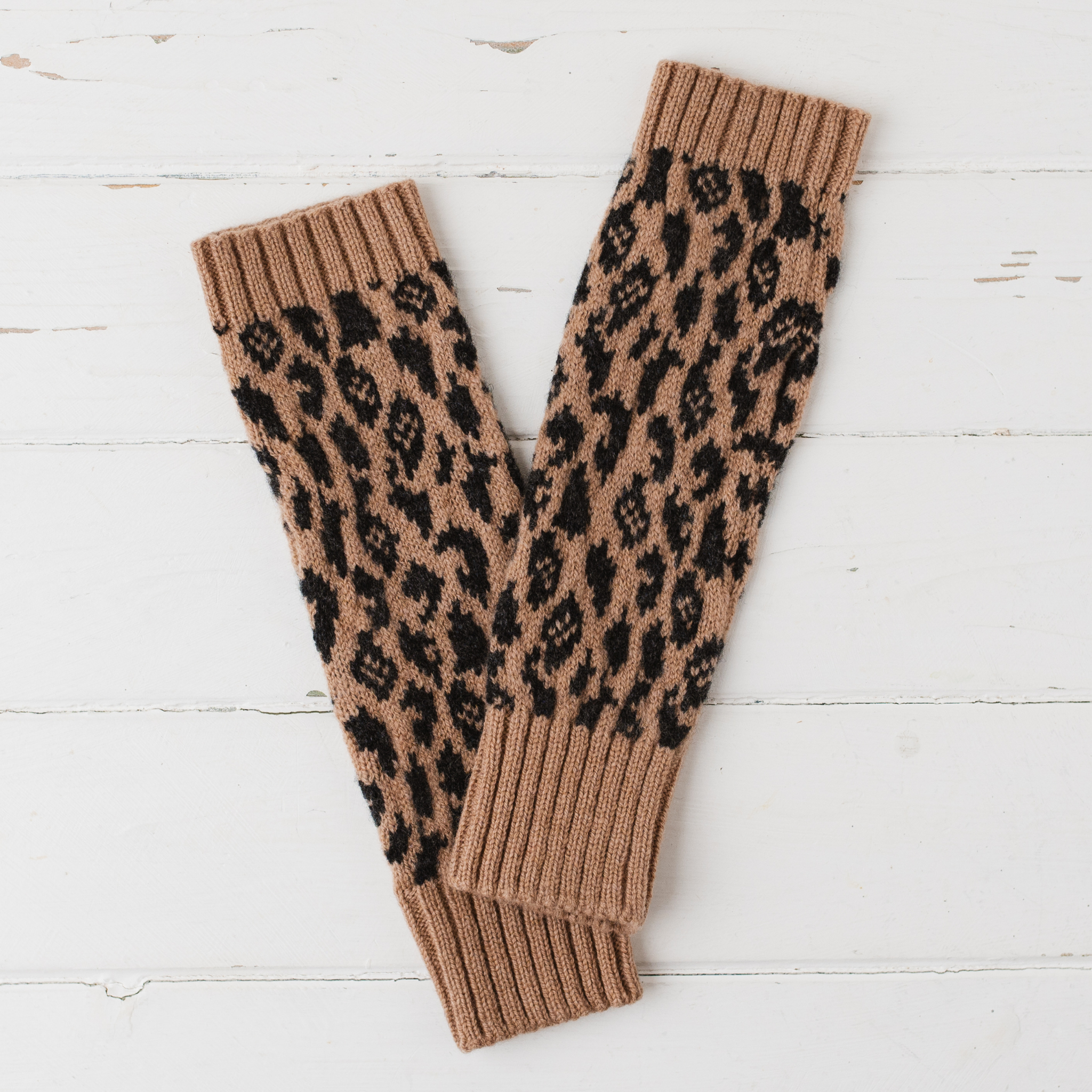 Leopard wrist warmers - camel and charcoal