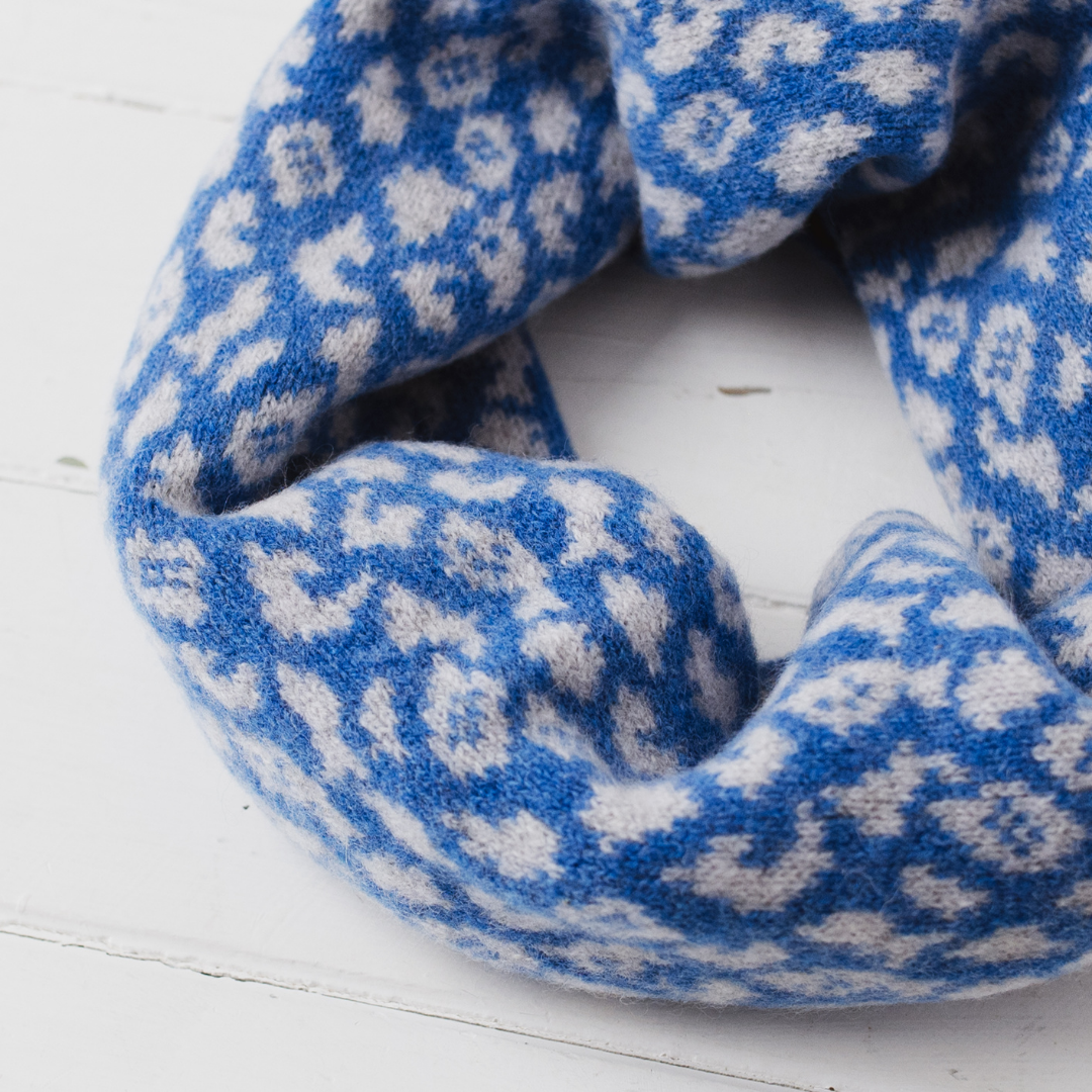 SAMPLE Leopard snood / cowl - river blue and pearl grey