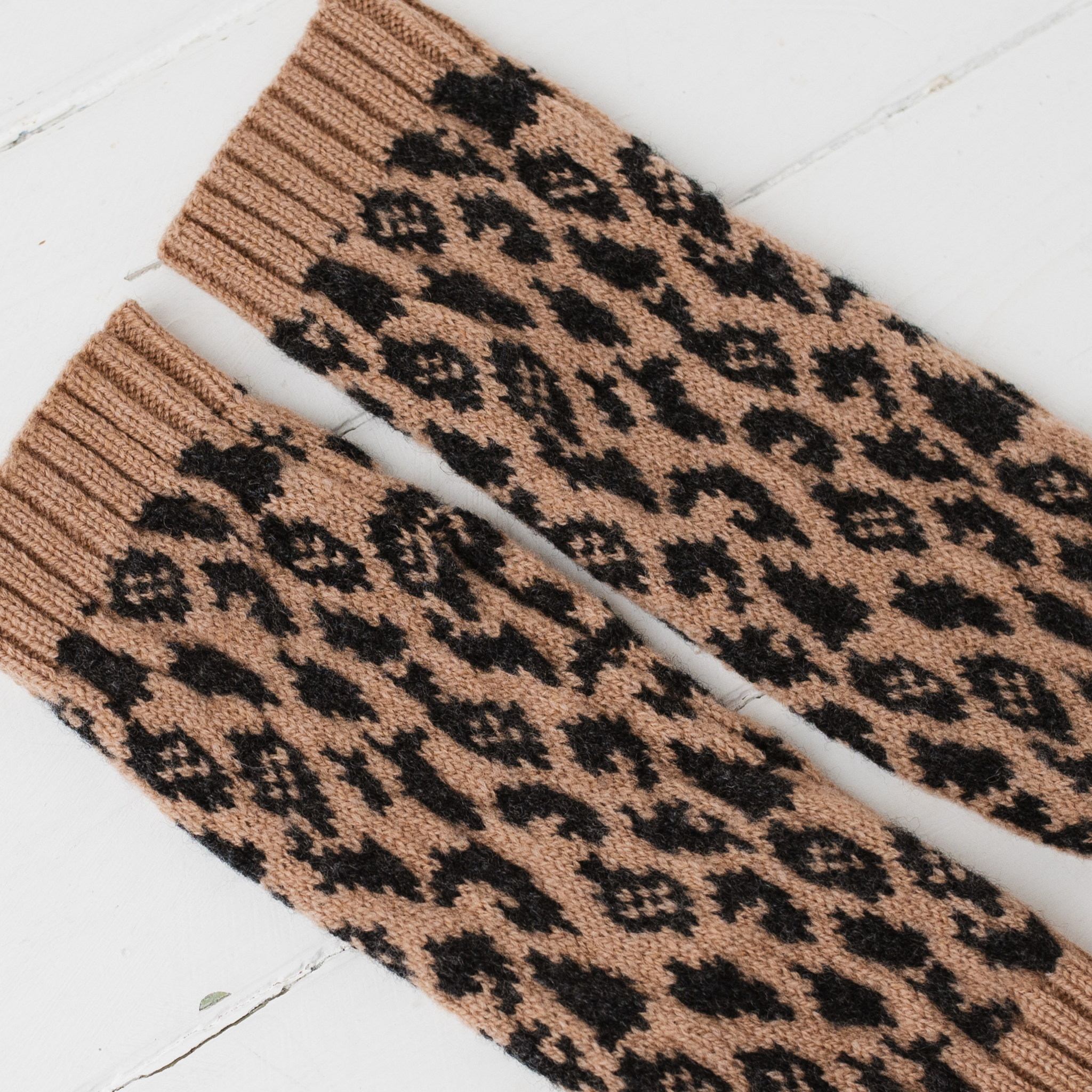 Leopard wrist warmers - camel and charcoal