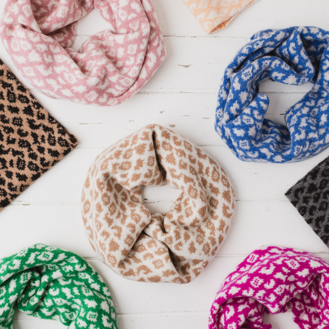 SAMPLE Leopard snood / cowl - river blue and pearl grey