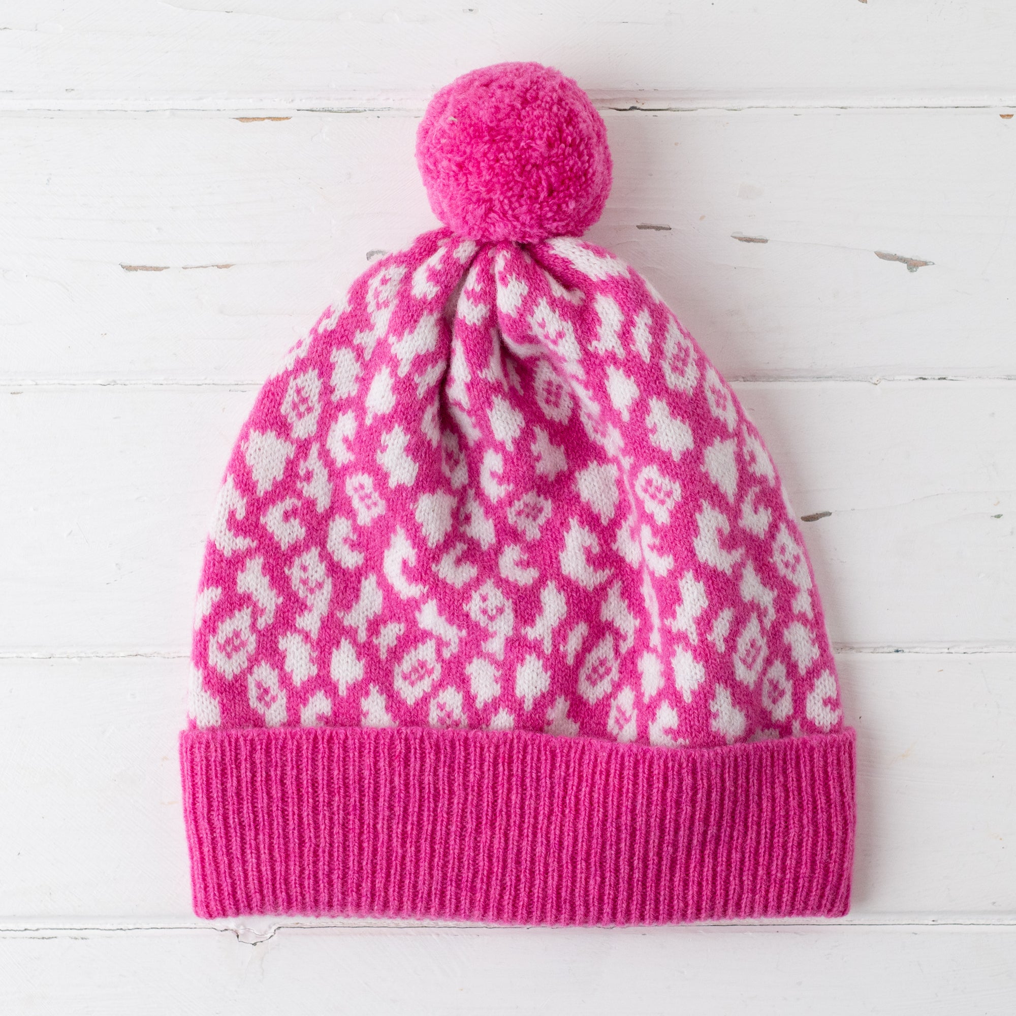 Leopard pom pom hat - bubblegum pink (MADE TO ORDER)