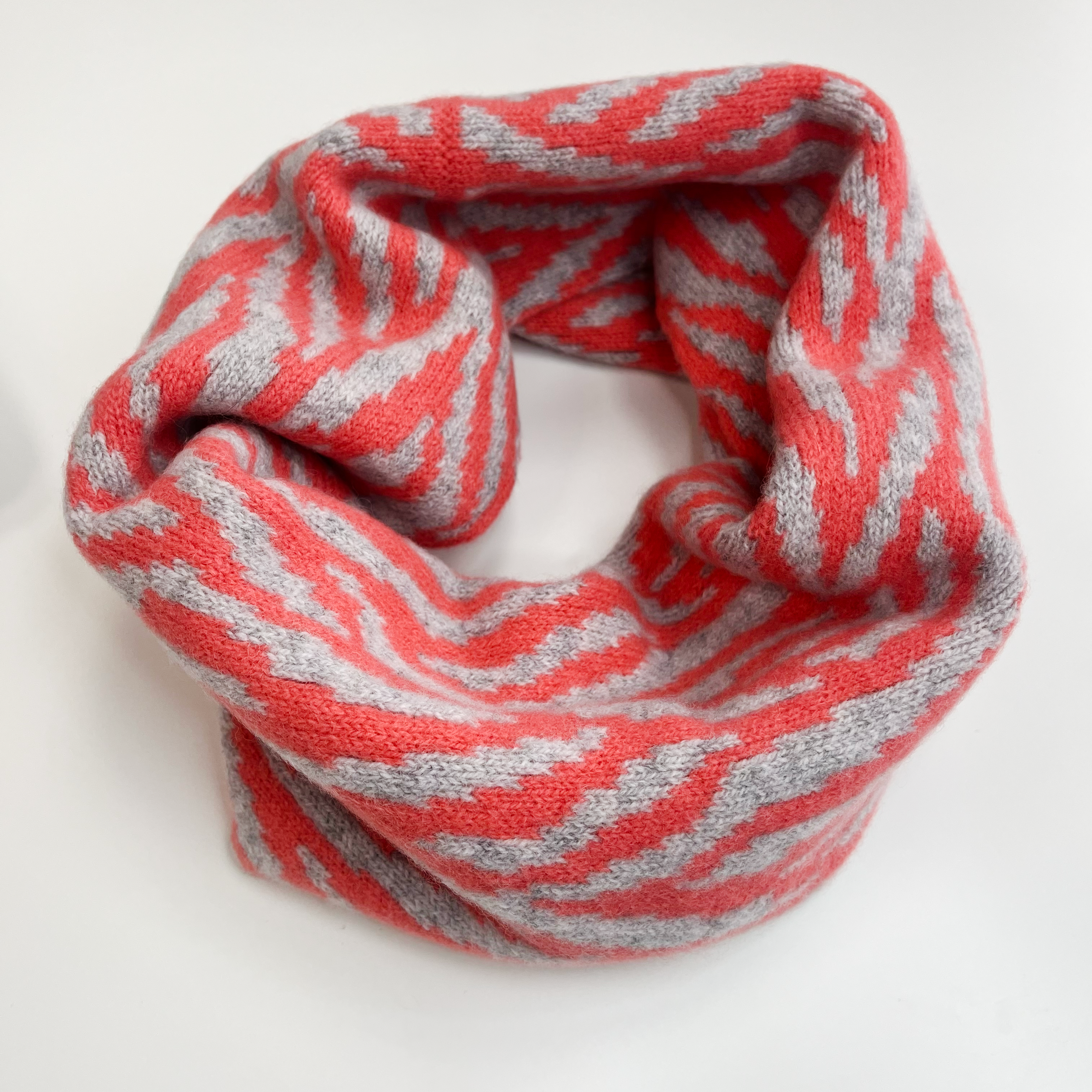 SAMPLE Zebra snood / cowl - coral and pearl grey