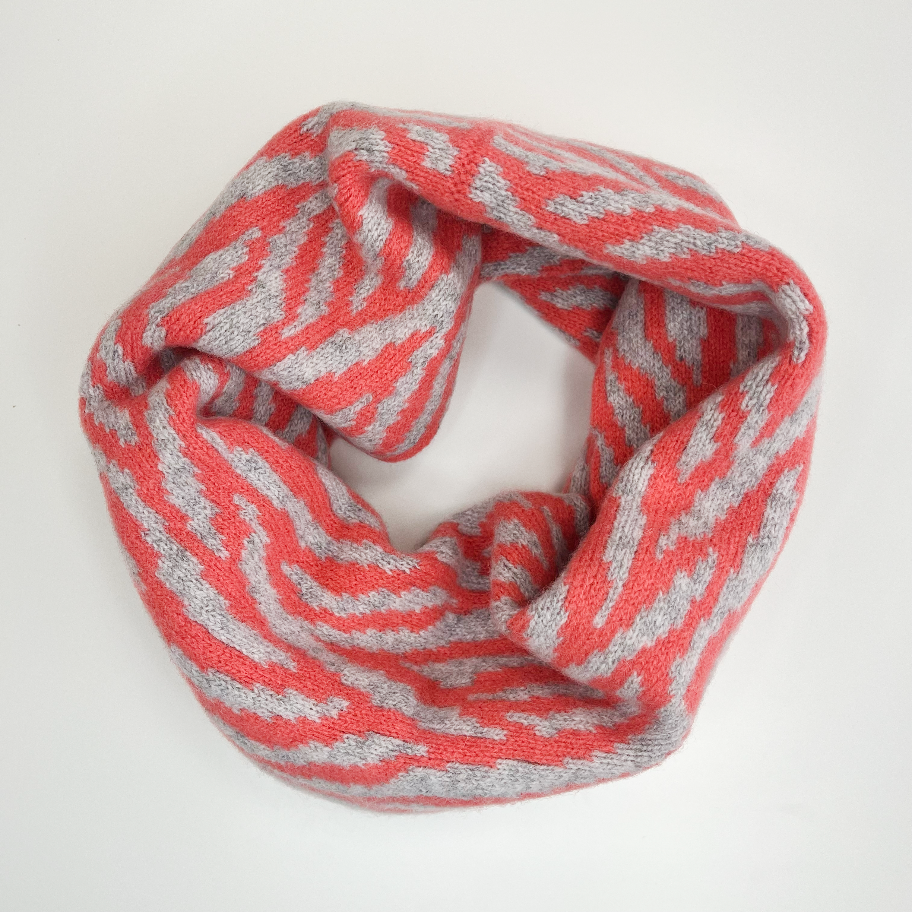 SAMPLE Zebra snood / cowl - coral and pearl grey
