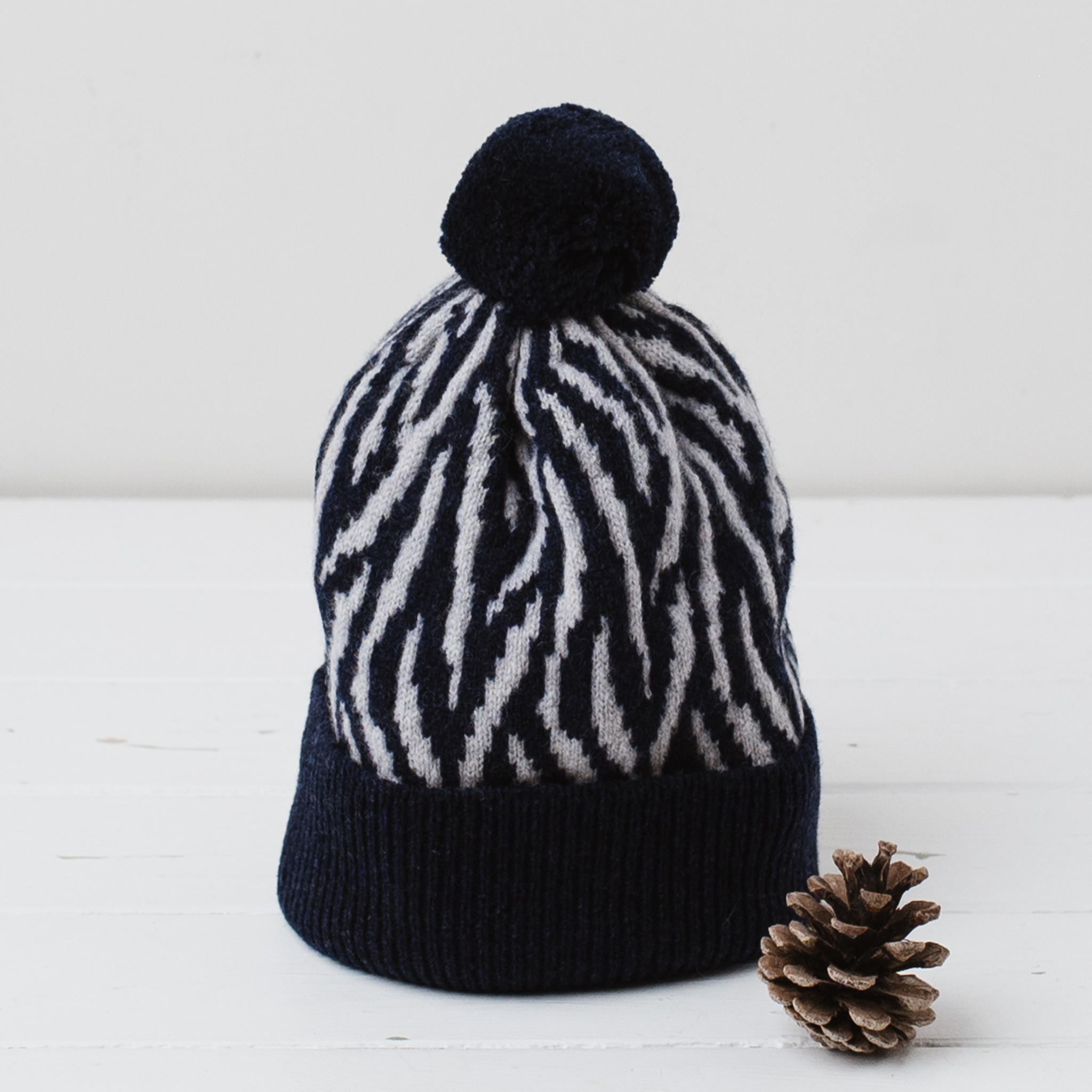 Zebra pom pom hat - navy and zinc