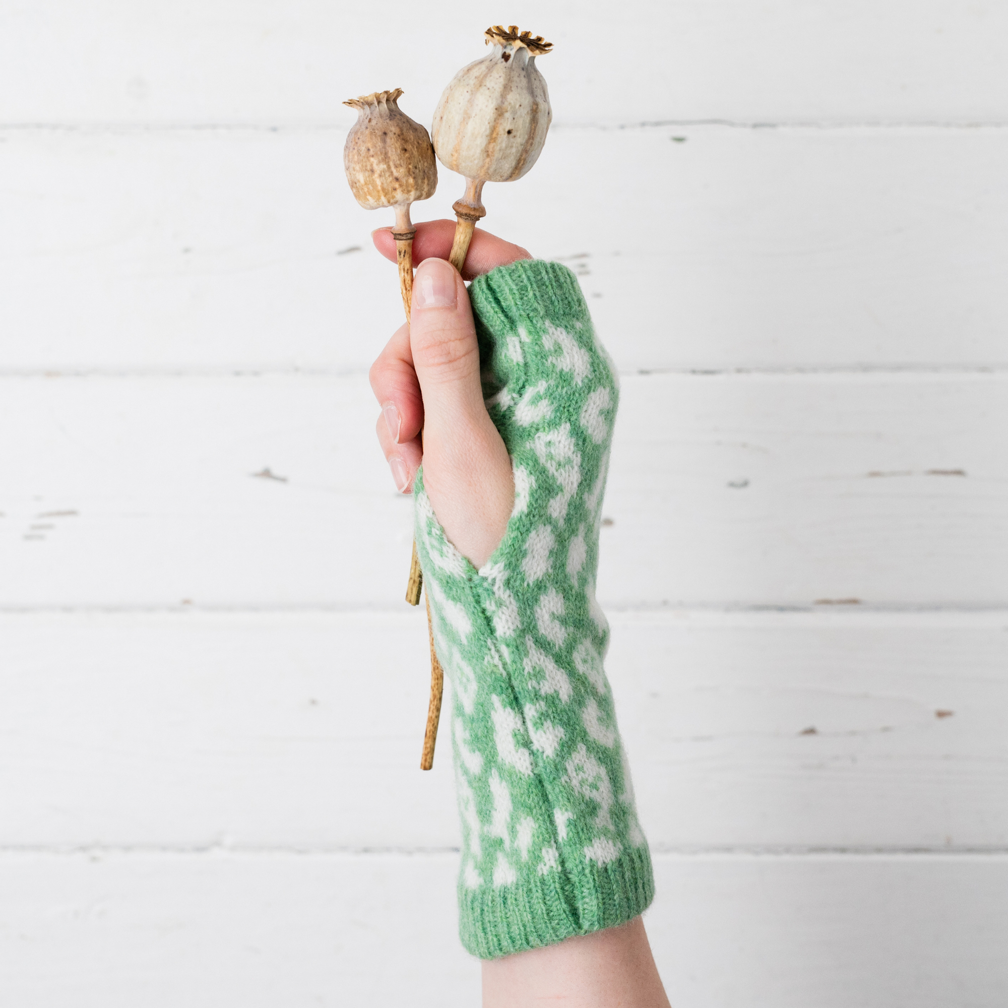 Leopard wrist warmers - springtime and white
