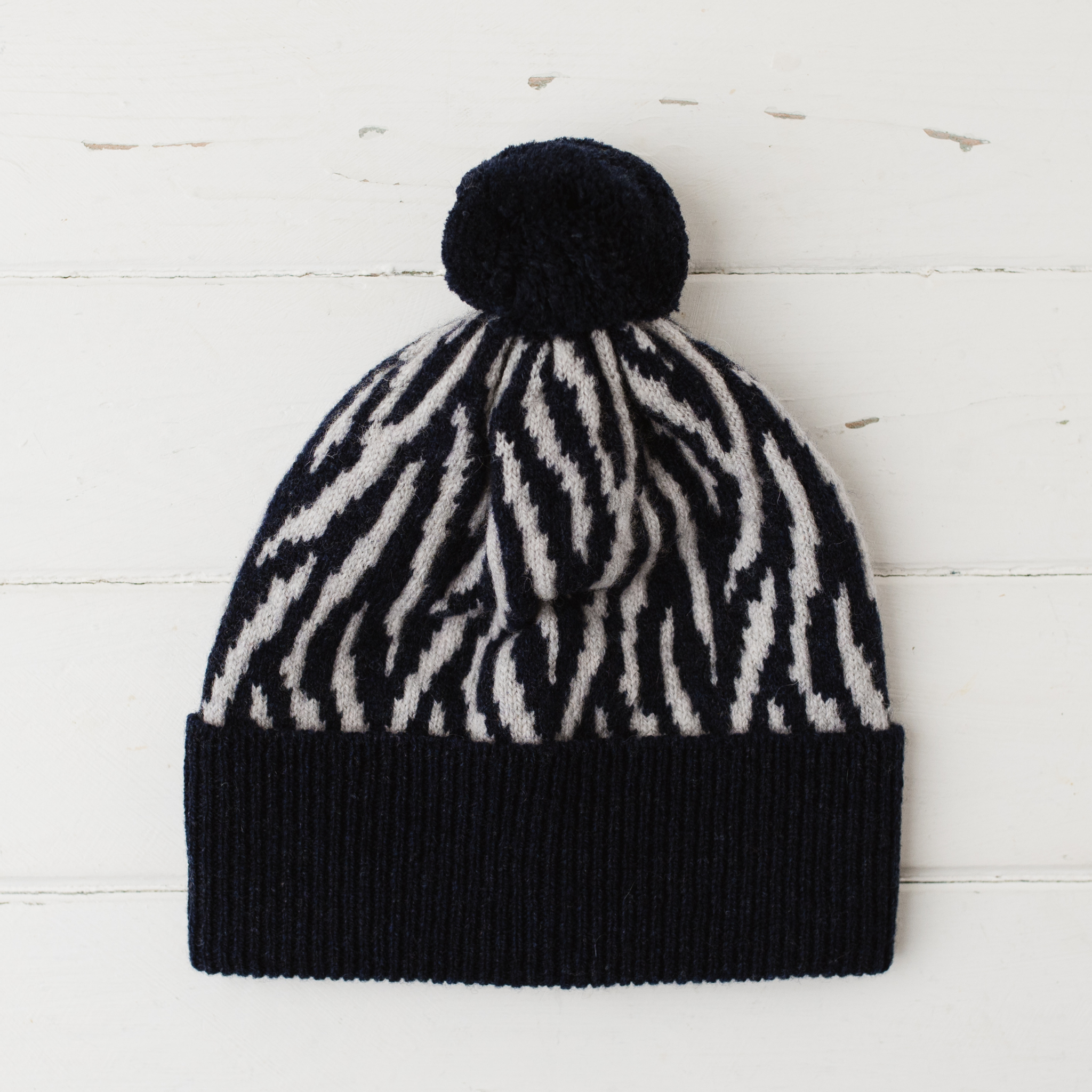 Zebra pom pom hat - navy and zinc