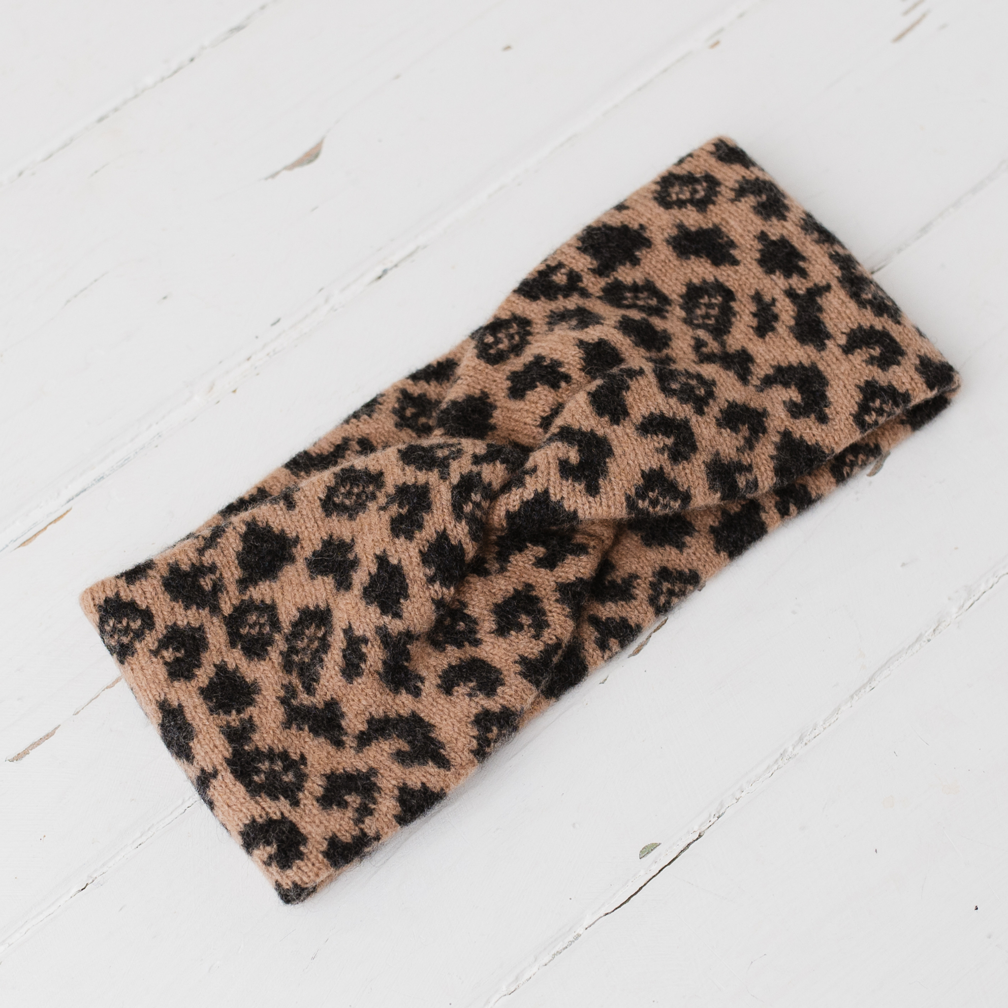 SAMPLE Leopard twist headband - camel and charcoal (small size)