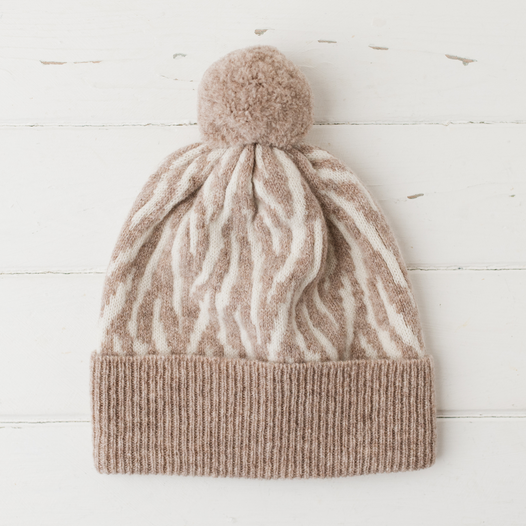 Zebra pom pom hat - cobble and white