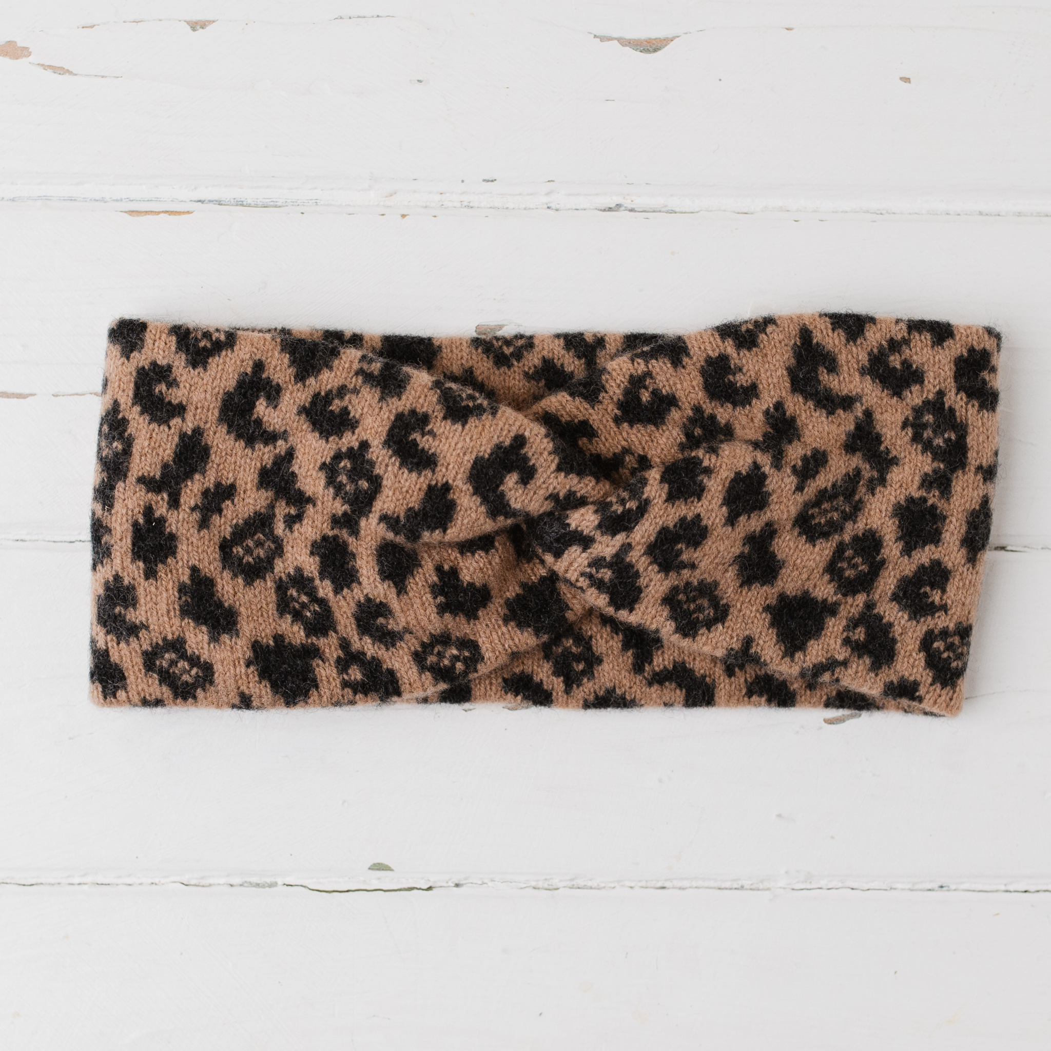 SAMPLE Leopard twist headband - camel and charcoal (small size)