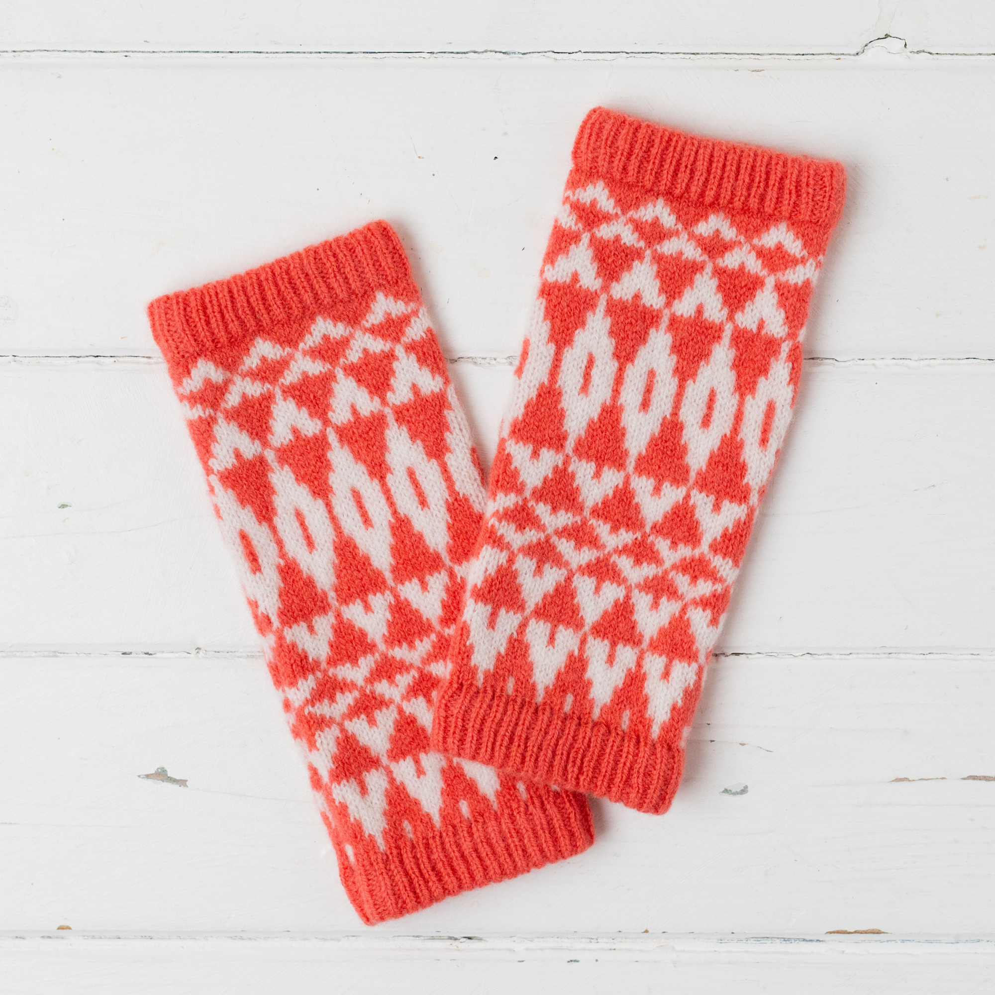 Mirror wrist warmers - coral and white (MADE TO ORDER)