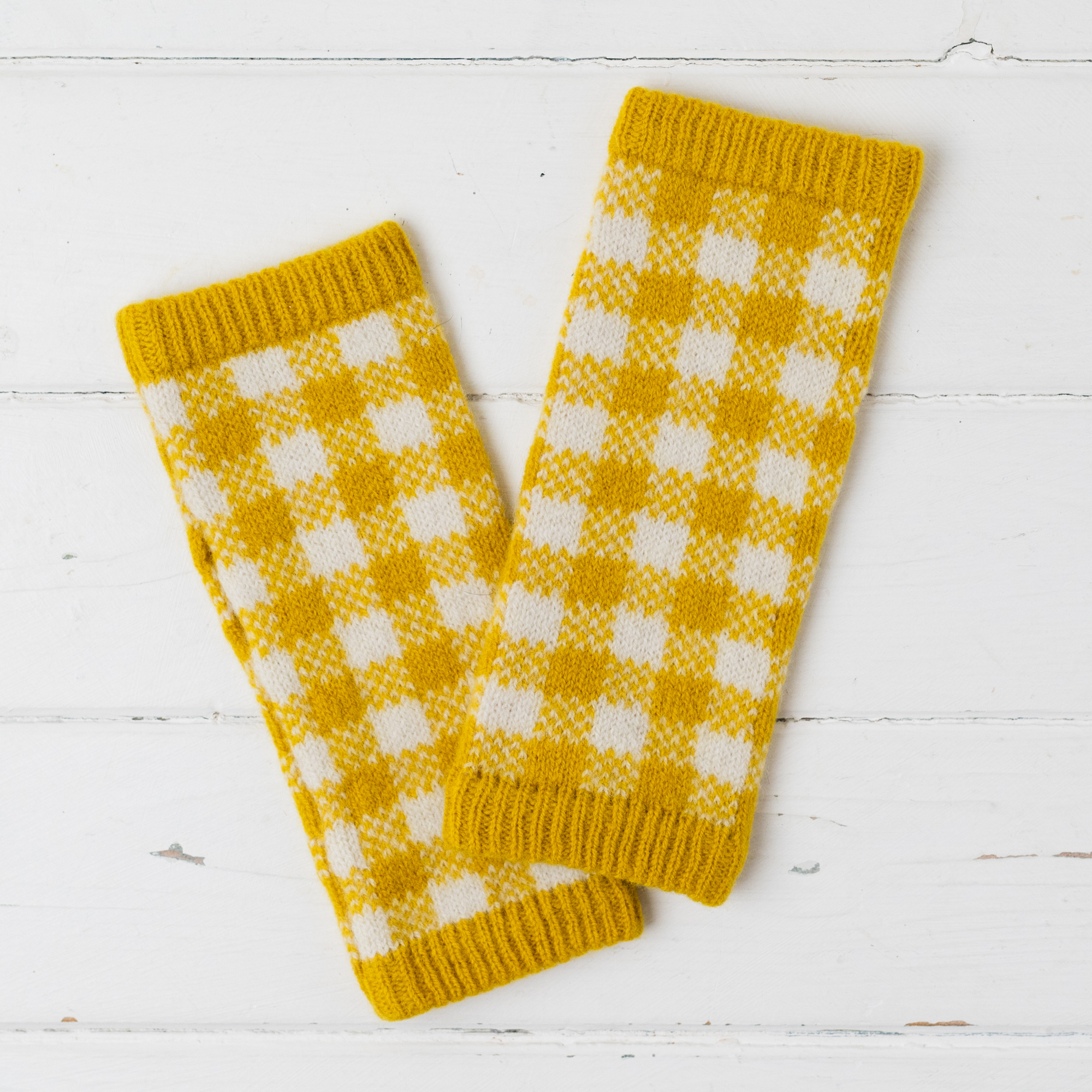 Gingham wrist warmers - piccalilli and ecru