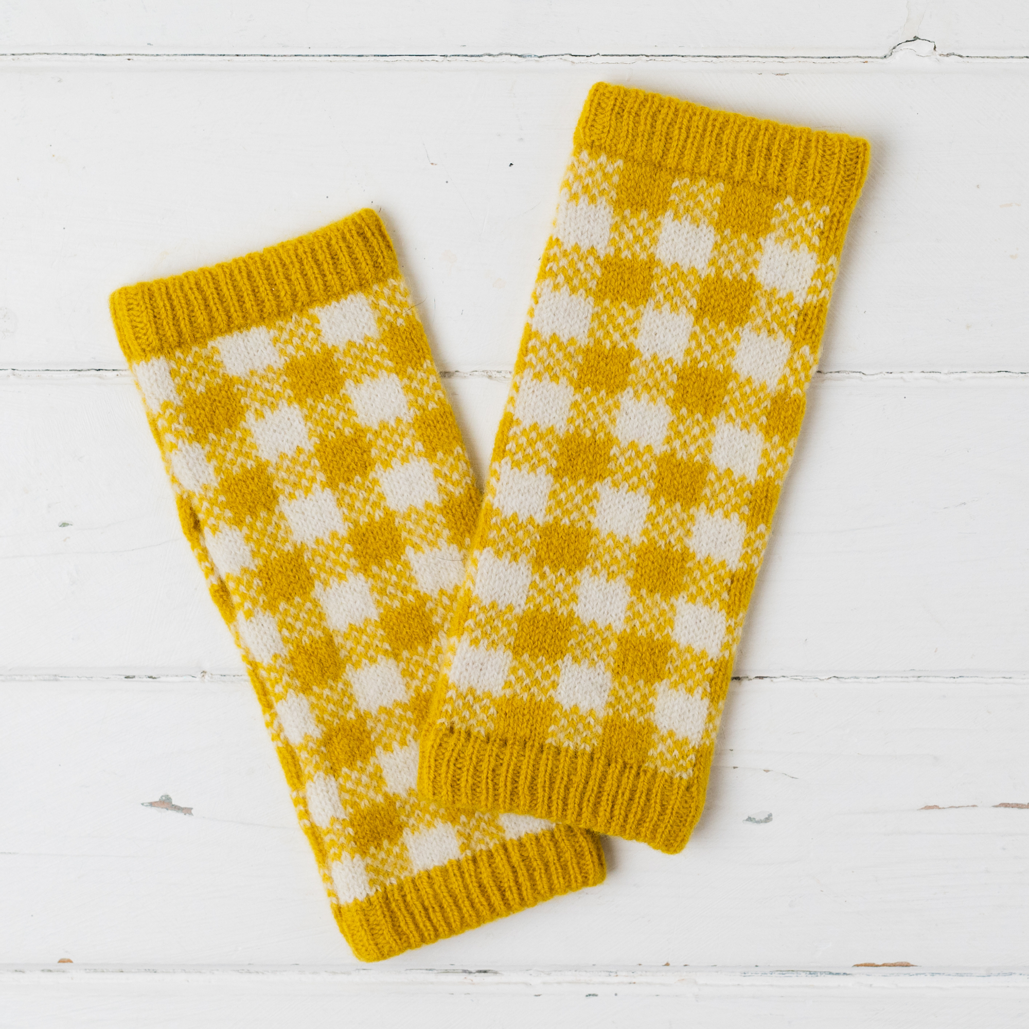 Gingham wrist warmers - piccalilli and ecru (MADE TO ORDER)