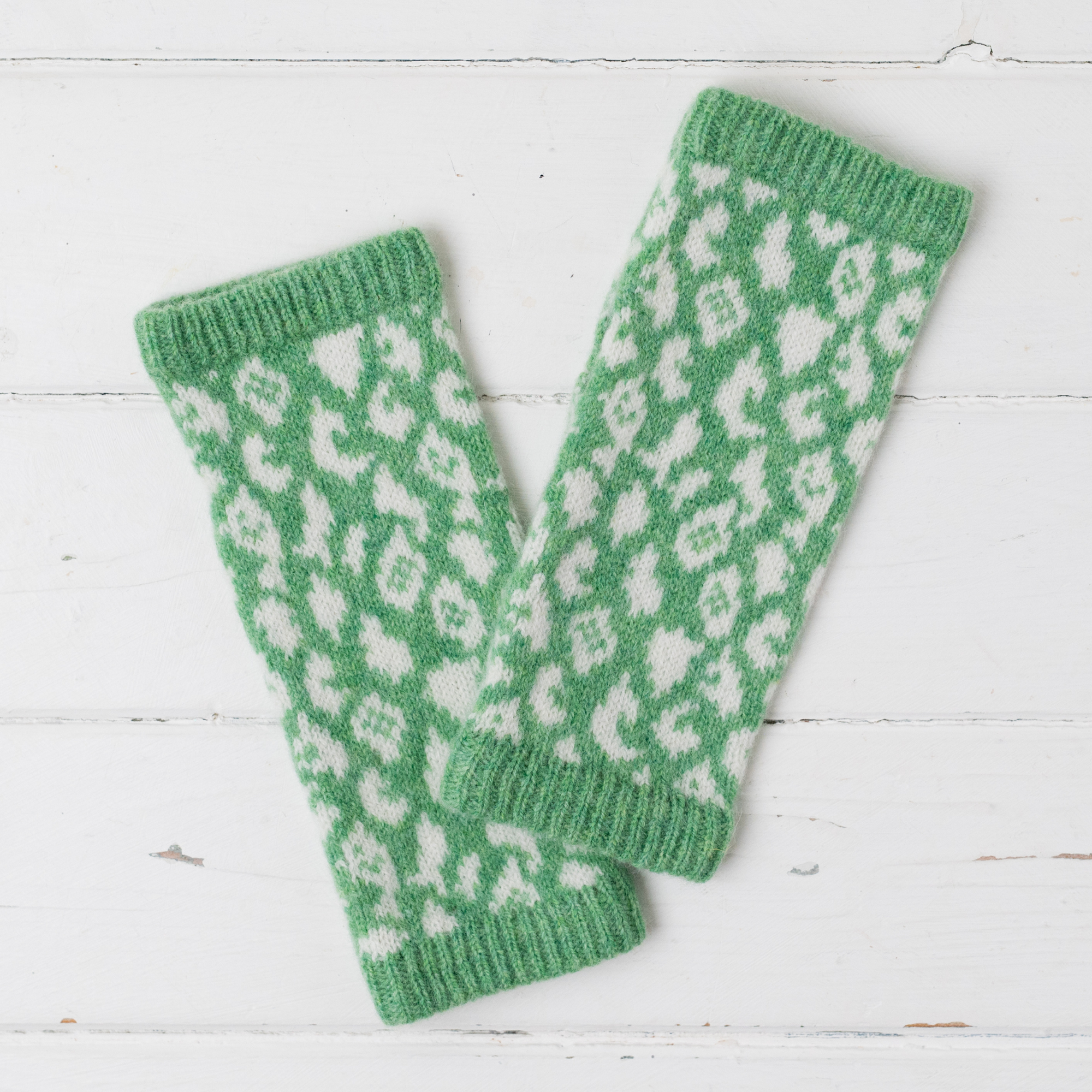 Leopard wrist warmers - springtime and white
