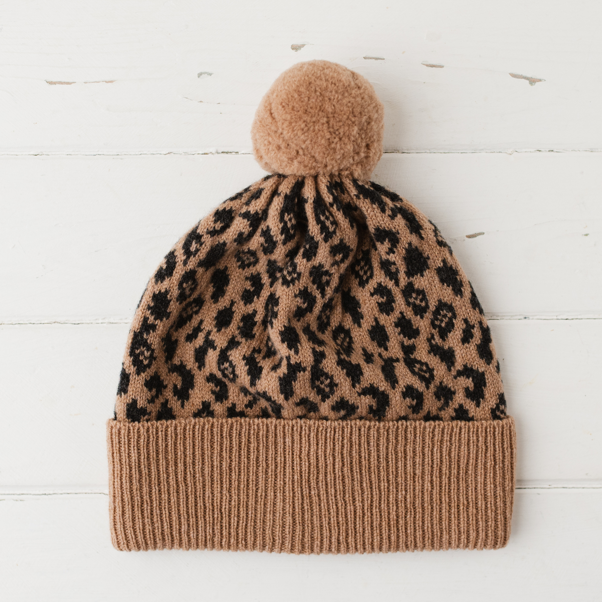 Leopard pom pom hat - camel and charcoal