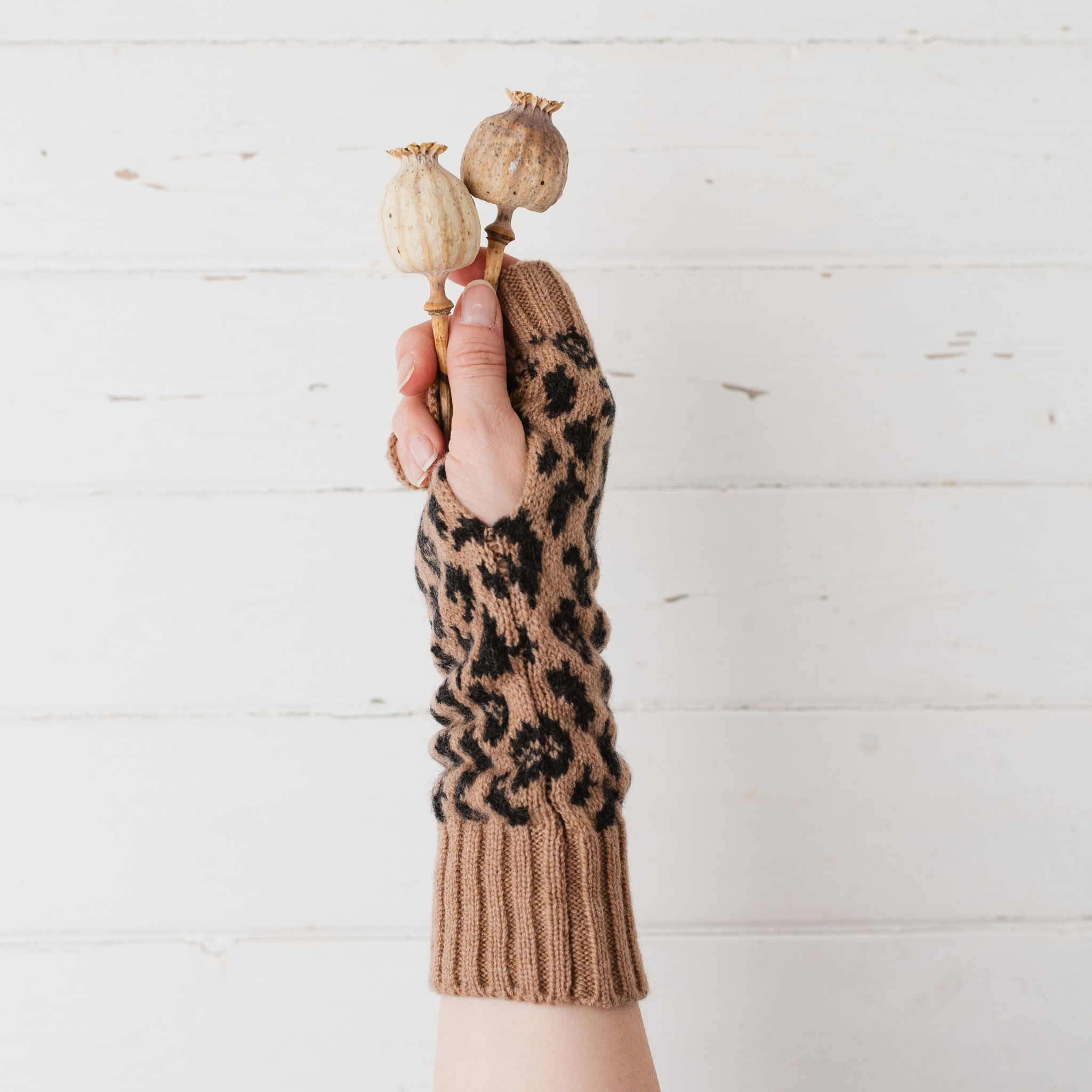 Leopard wrist warmers - camel and charcoal