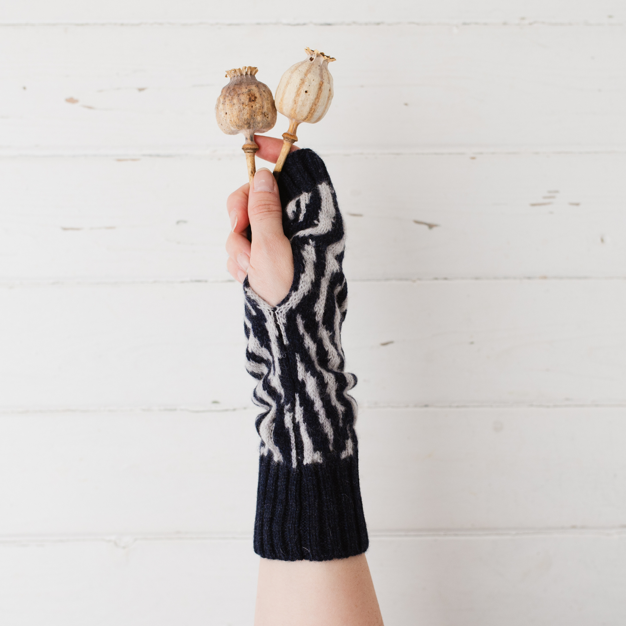 Zebra wrist warmers - navy and zinc