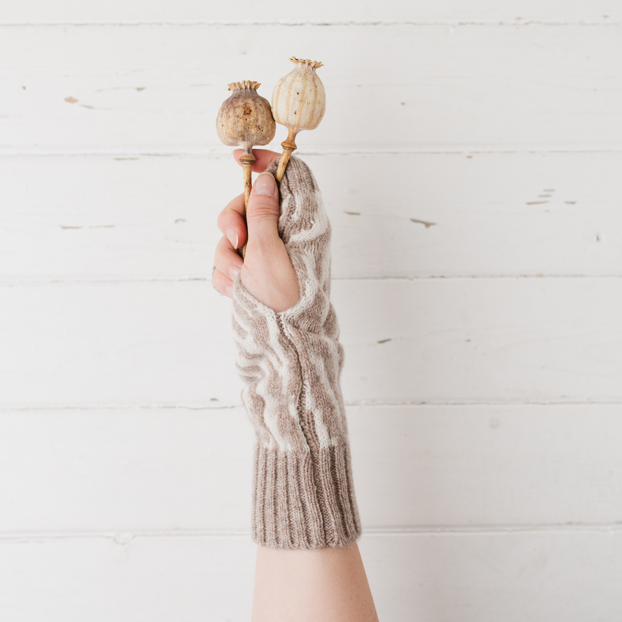 Zebra wrist warmers - cobble and white