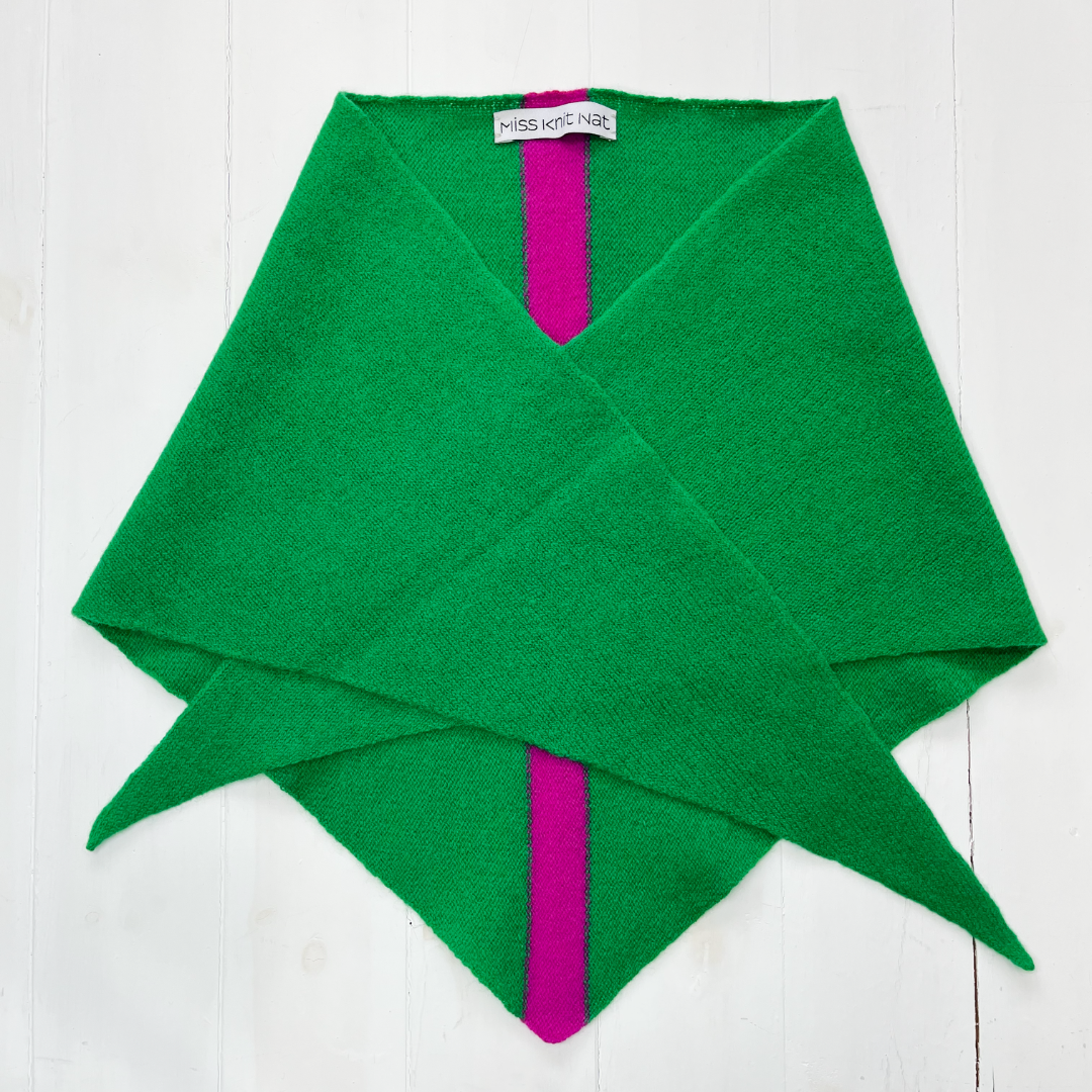 Triangle scarf - billiard green with honesty pink stripe