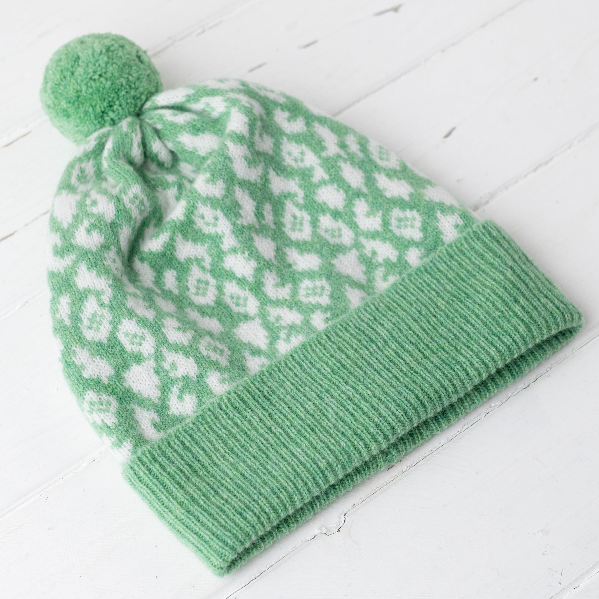 Leopard pom pom hat - springtime green