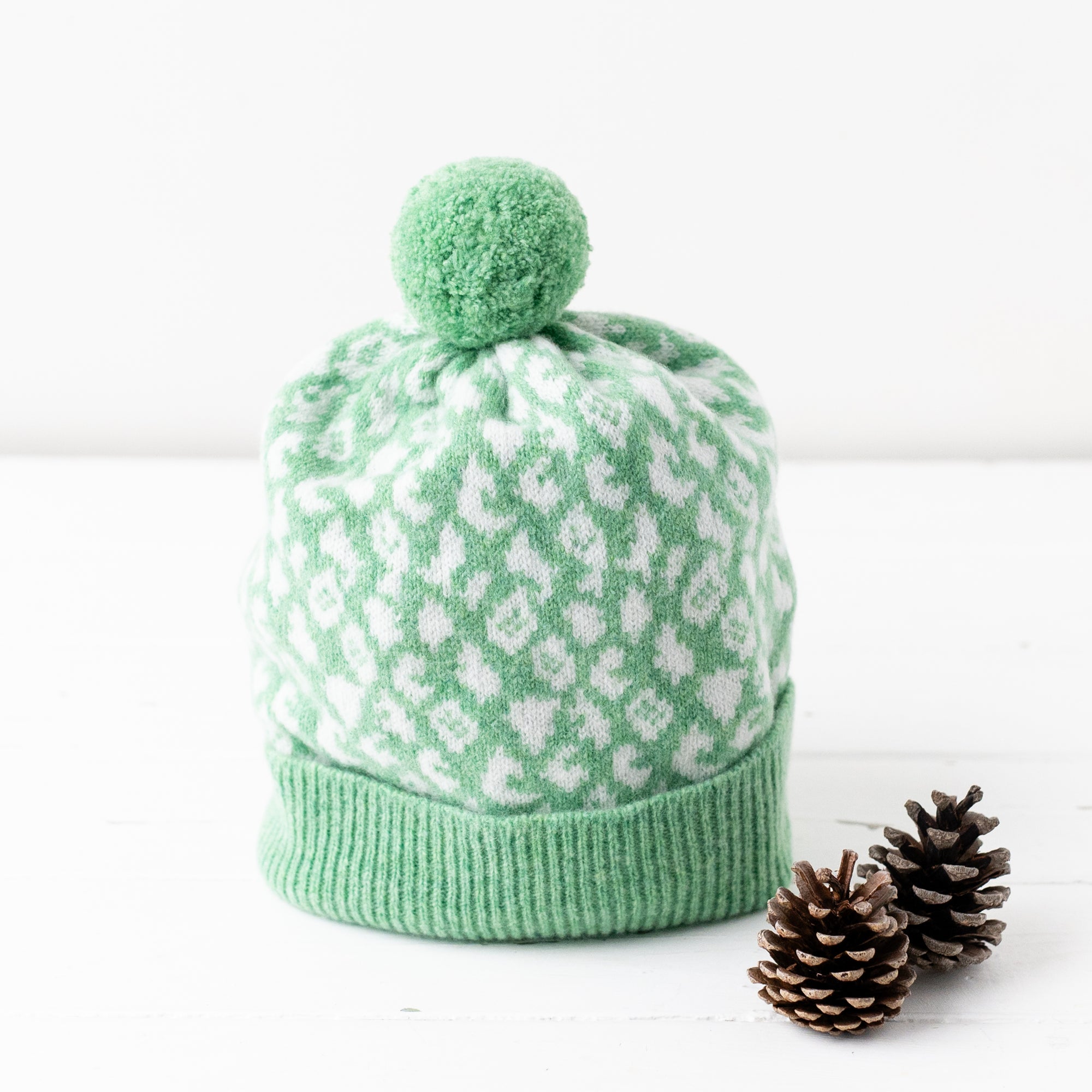 Leopard pom pom hat - springtime green (MADE TO ORDER)