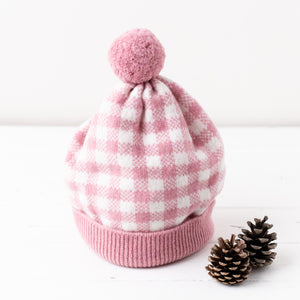 Gingham pom pom hat - pink and white