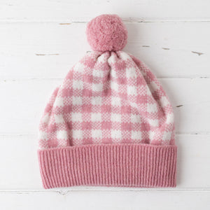 Gingham pom pom hat - pink and white