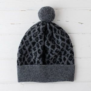 Leopard pom pom hat - grey
