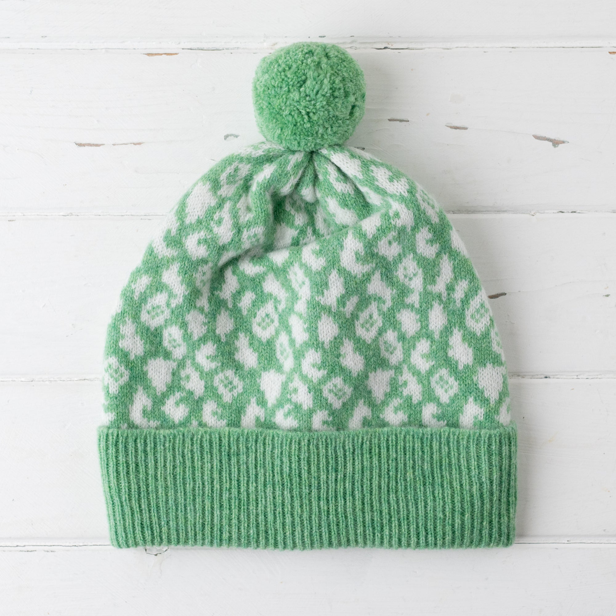 Leopard pom pom hat - springtime green (MADE TO ORDER)