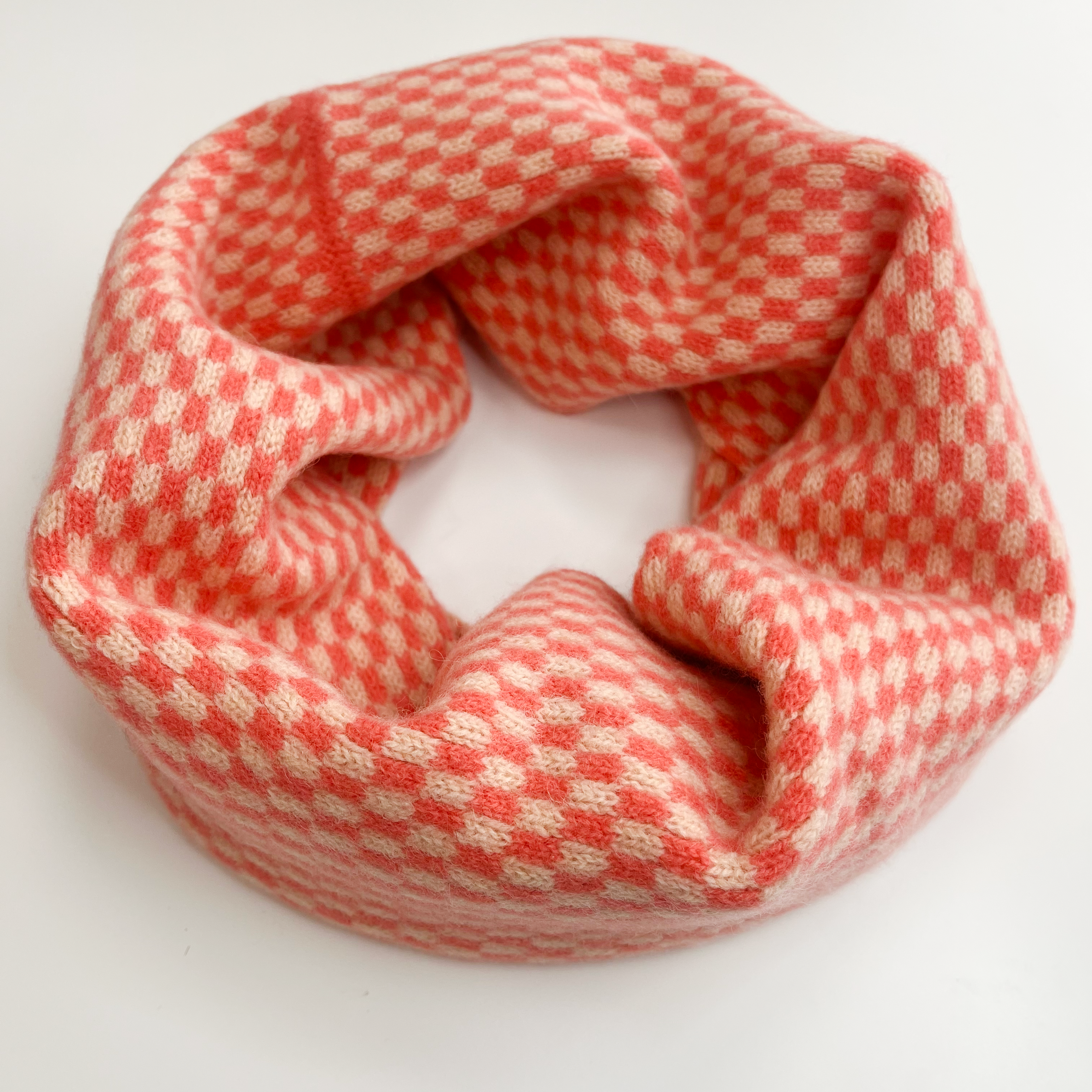 SAMPLE Checked snood / cowl - coral and nectarine