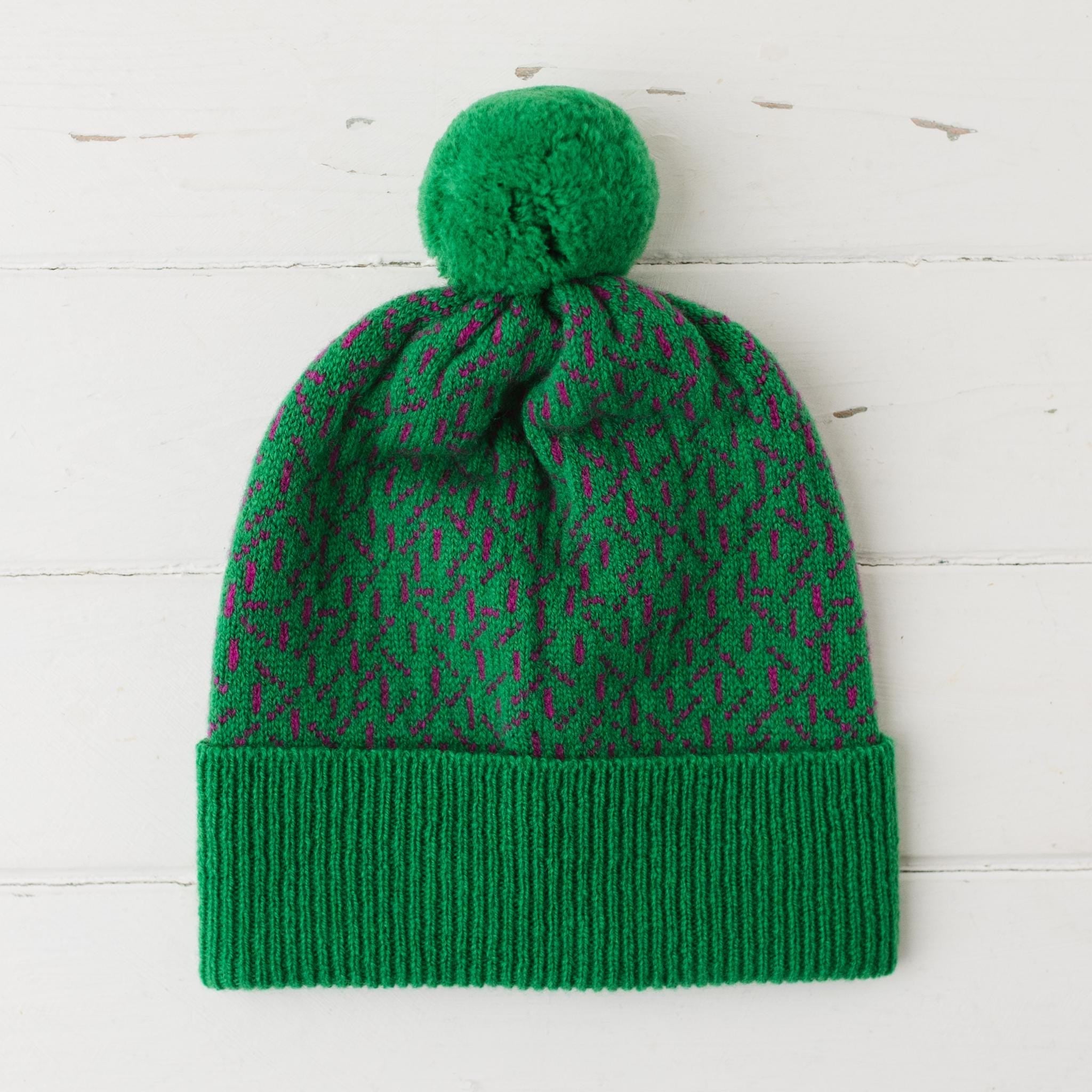 Scatter pom pom hat - billiard green and honesty