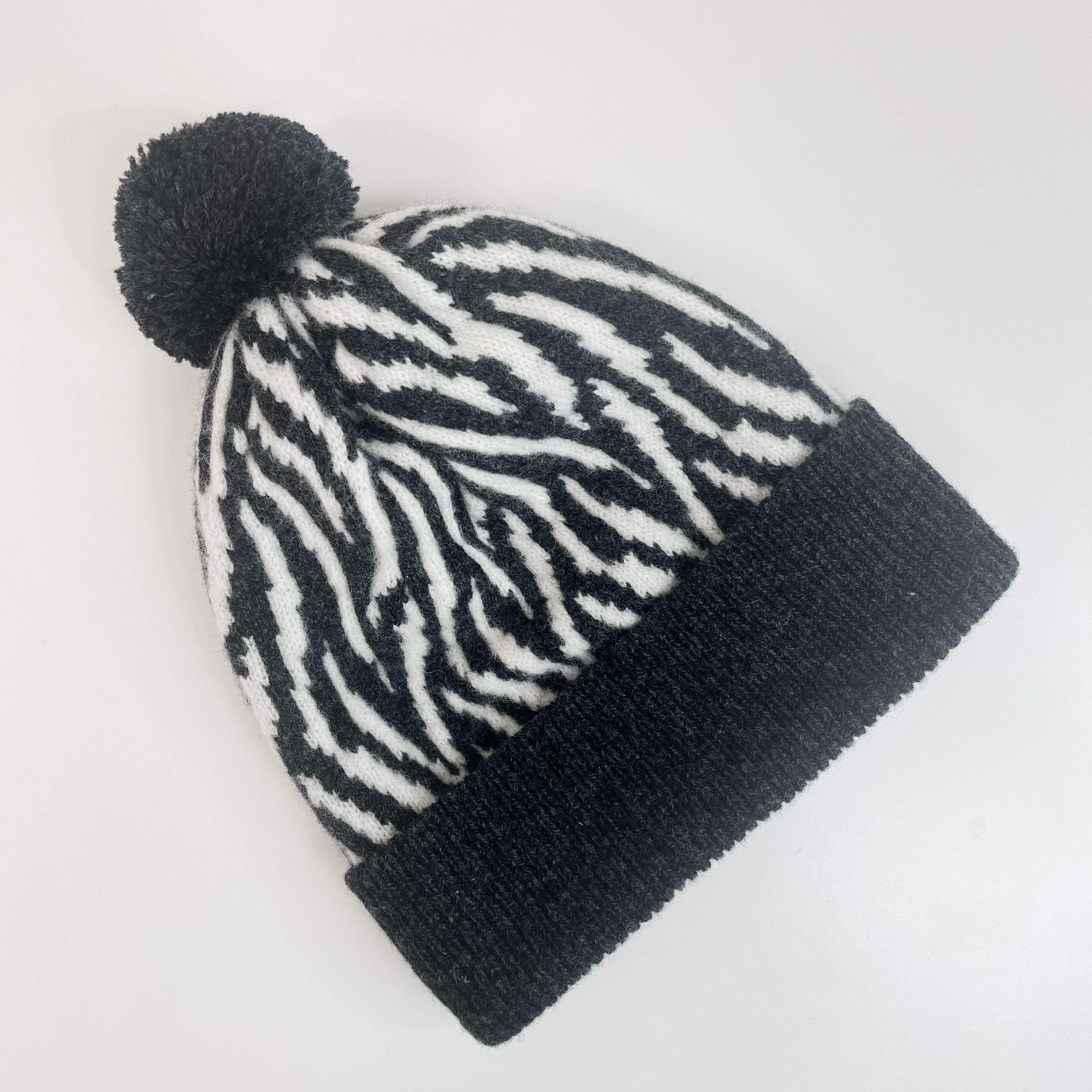 SAMPLE Zebra pom pom hat - charcoal and ecru (small size)