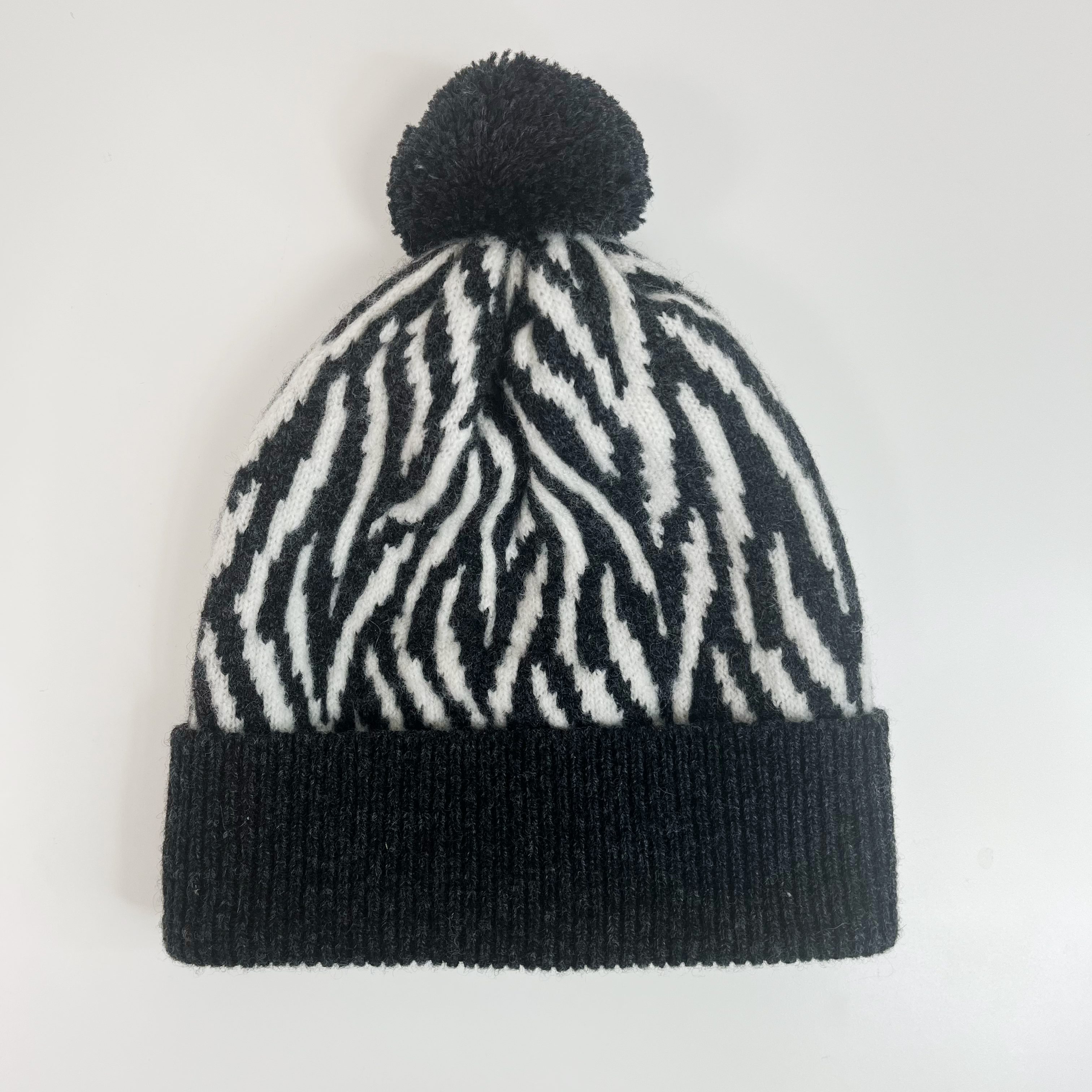 SAMPLE Zebra pom pom hat - charcoal and ecru (small size)