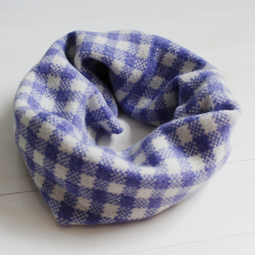 Gingham cowl - water iris and white