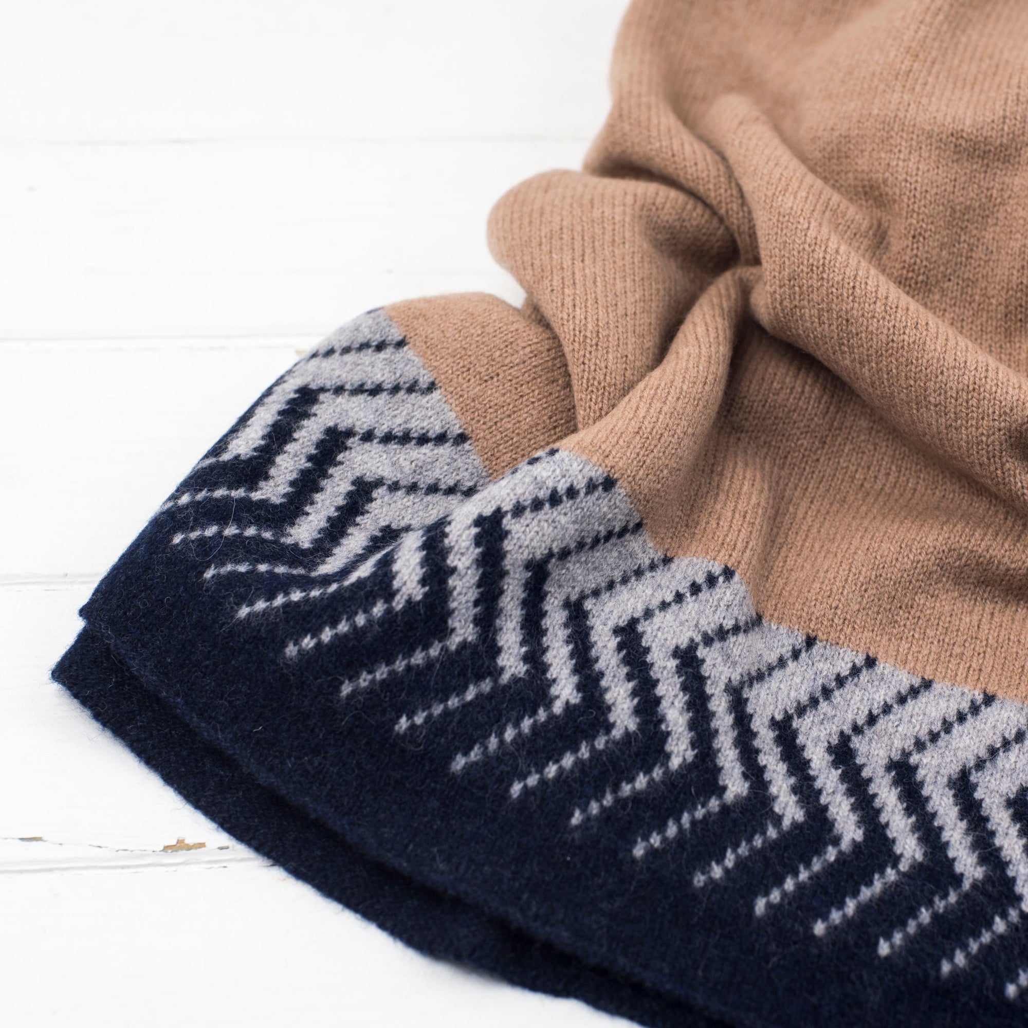 Chevron knitted poncho - camel/navy (MADE TO ORDER)