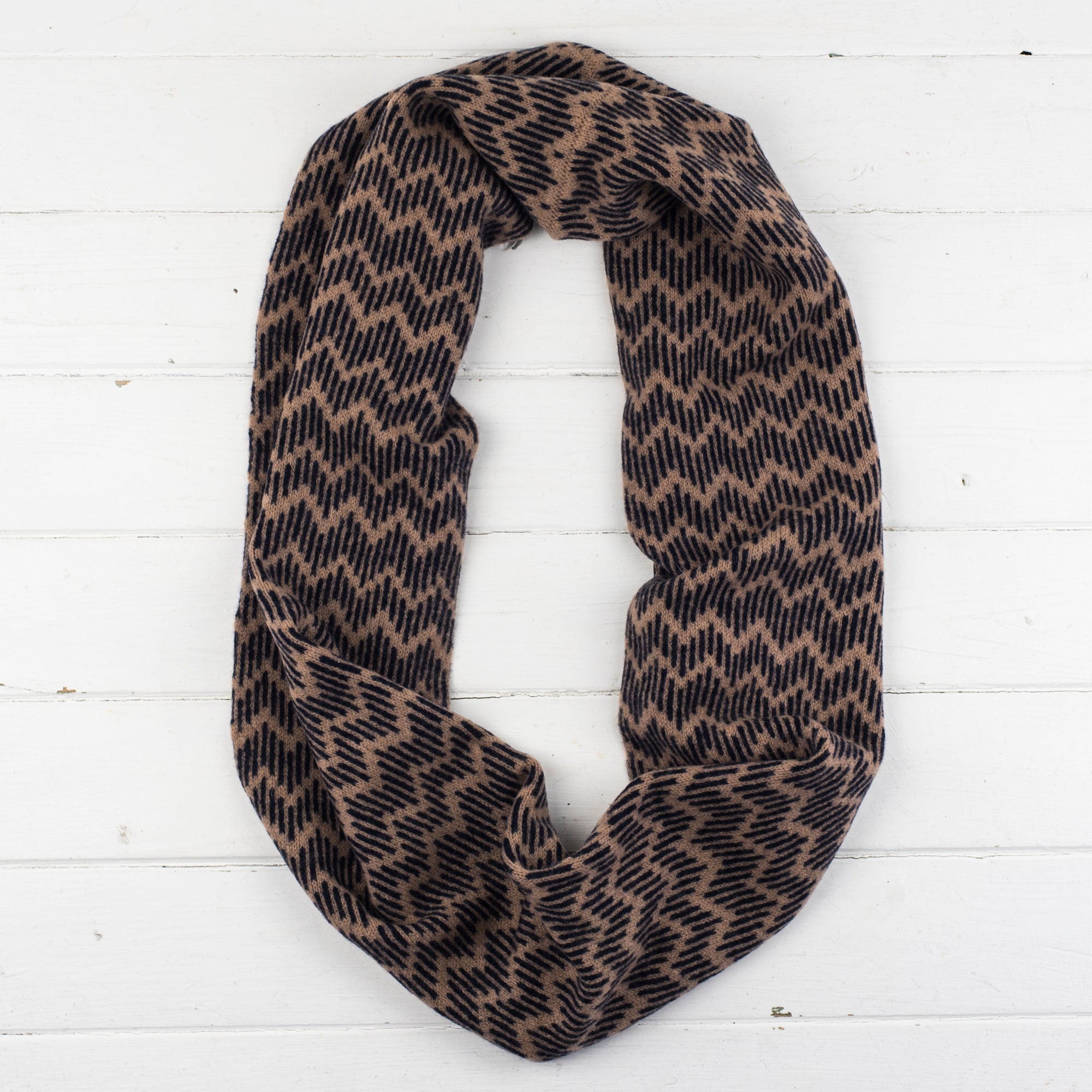 Zig zag circle scarf - camel and navy (MADE TO ORDER)