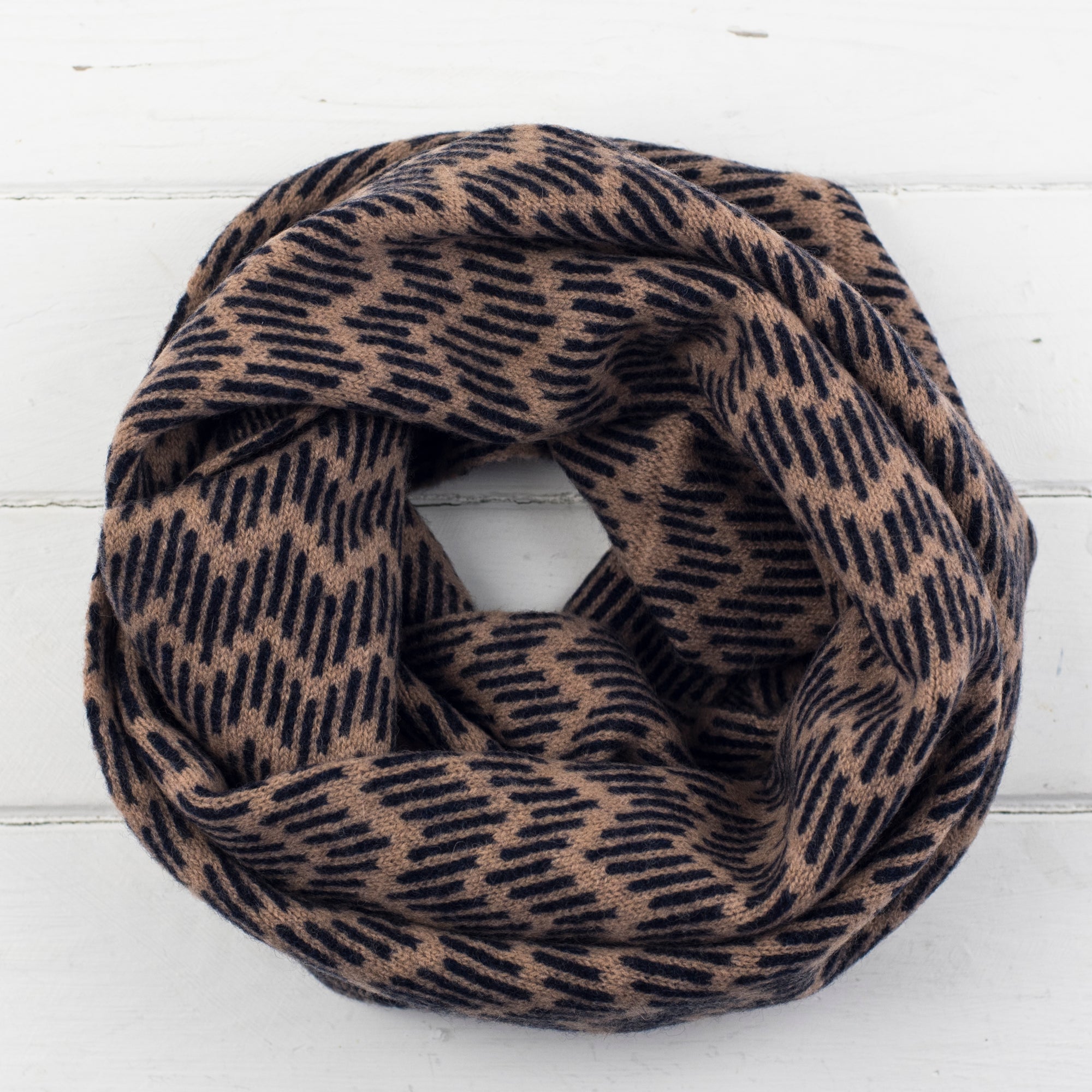 Zig zag circle scarf - camel and navy (MADE TO ORDER)